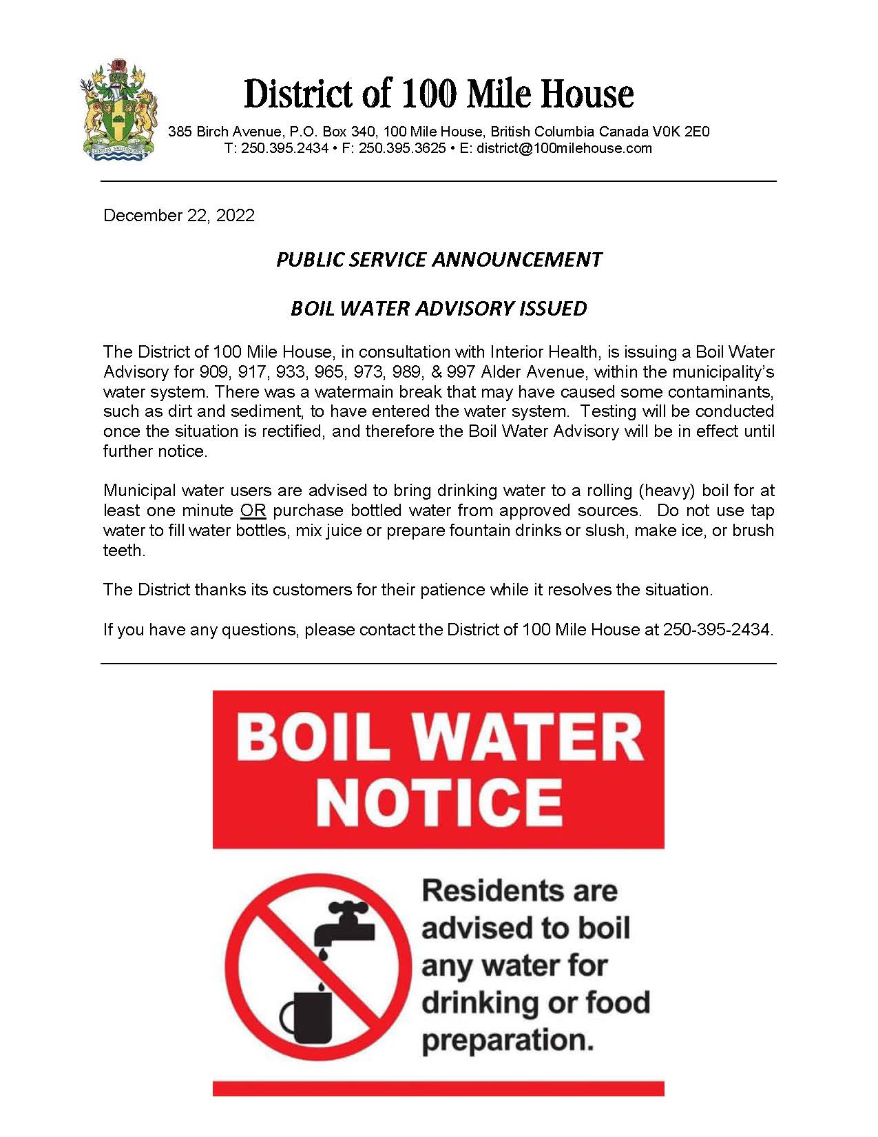 Boil Water Advisory for 909, 917, 933, 965, 973, 989, & 997 Alder